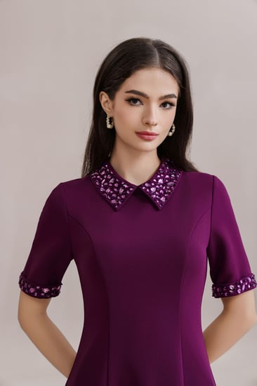 فستان موف كريب تطريز الياقه