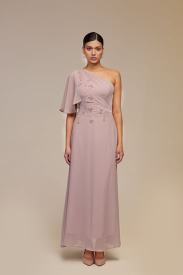 فستان وردي شيفون مطرز الخصر