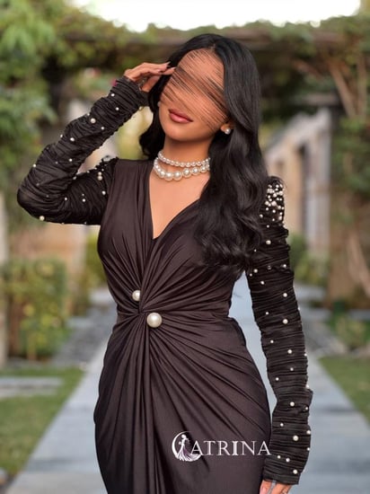 فستان سهرة ناعم كم طويل لونين .
