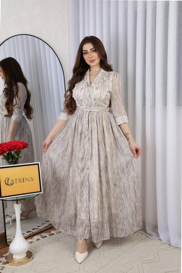 فستان مشجر طويل بتطريز كريستال بحزام