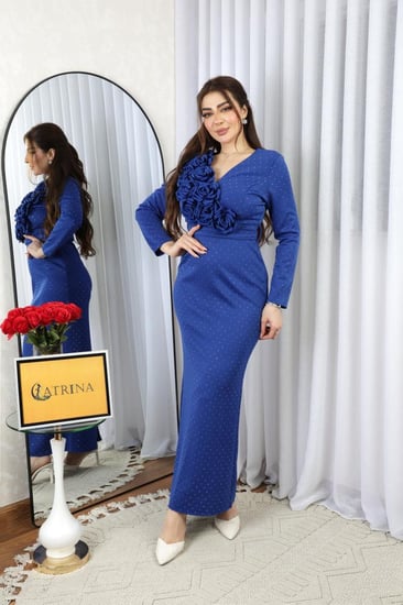 فستان سهرة ناعم كم طويل لونين .
