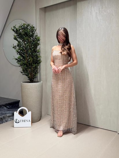 فستان سهرة شامبانيا مطرز بتصميم أنيق مع شال فاخر