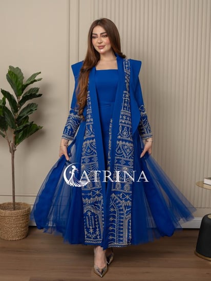 جلابية باربي ازرق مطرز ذهبي