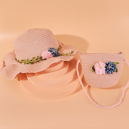 مجموعه قبعه مع شنطه أطفال قش مطرزه بالورد