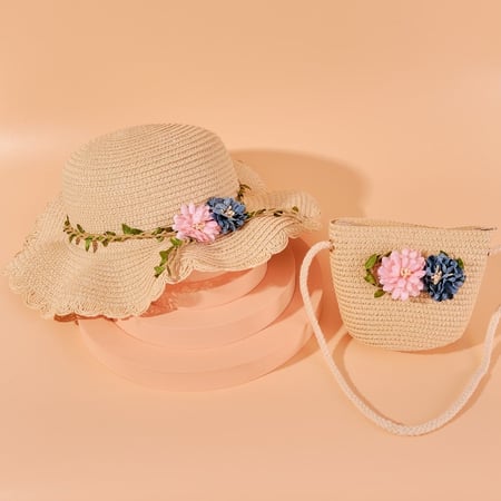 مجموعه قبعه مع شنطه أطفال قش مطرزه بالورد