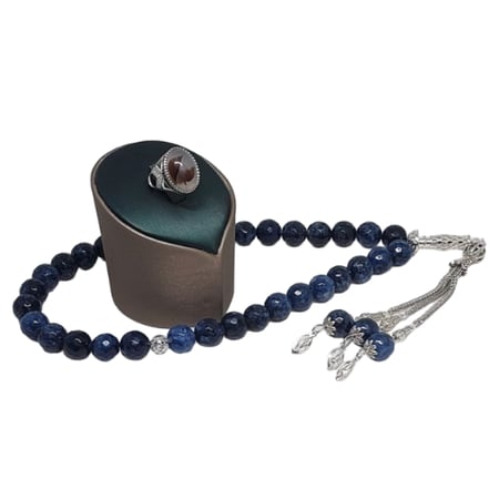 خاتم فضة رجالي عيار 925 حجر عقيق برازيلي موديل G2 بيضاوي مرصّع + سبحه هدية