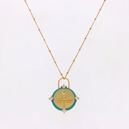 سلسال اليعسوب الأزرق قلادة يعسوب مطلية بالذهب بتصميم دائري وفصوص براقة