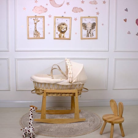 سلة  موسى (خيزران خشبي) بتلبيسة قماش  مقلم بيج