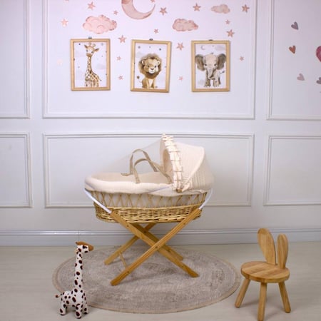 سلة  موسى (خيزران خشبي) بتلبيسة قماش  مقلم بيج