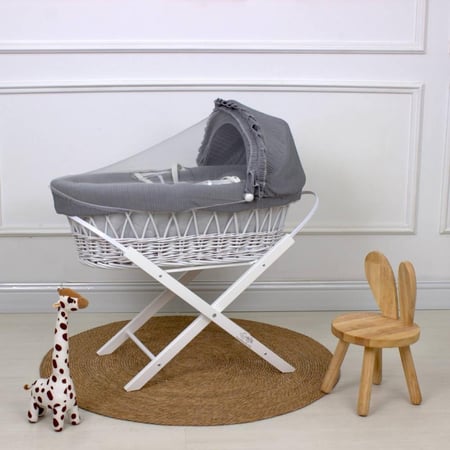 سلة موسى (خيزران ابيض) بقماش مقلم رمادي