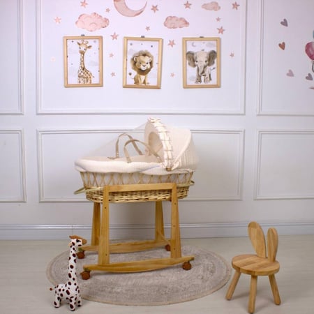 سلة  موسى (خيزران خشبي) بتلبيسة قماش  مقلم بيج