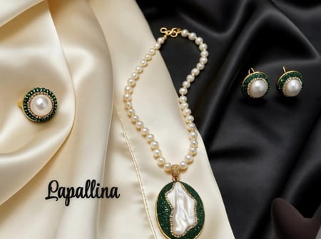 خاتم من اللؤلؤ الطبيعي 100% ، خاتم مزين بالكريستالات التشيكية باللون الأخضر