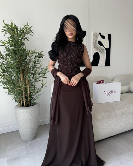فستان طويل بني سهرة خرز G291