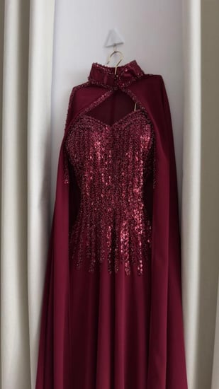 فستان سهرة برغندي مطرز مع كاب فاخر