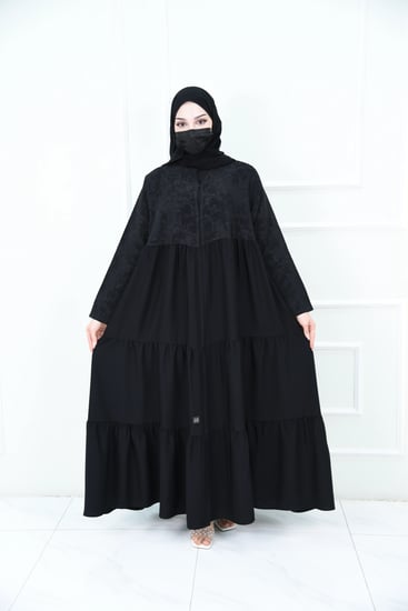 عباية سوداء كلوش طبقات بتفاصيل قماش  جاكار تركي