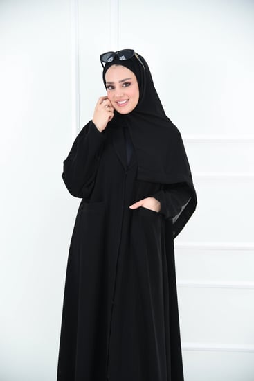 عباية عملية كريب مقلم بكول شال وجيوب