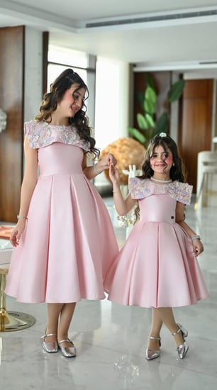 فستان بناتي تفته روسي زهري ياقة مطرزة