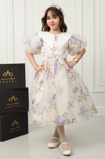 فستان تسنيم الأنيق أورجينزا مشجر ورود موف .. فستان بناتي