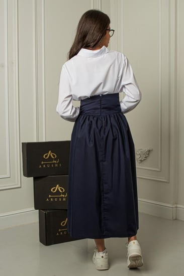 مريول طقم بلوزة وتنورة كحلية راقية شرائط امامية على الخصر