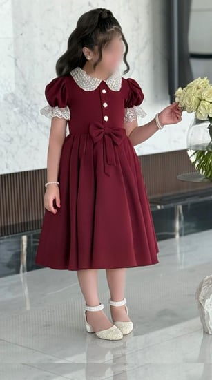 فستان روز عودي فاخر بياقة لؤلؤية  .. فستان بناتي