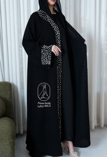 عبايه نص كلوش على لول وكرستال بالامام والكم-835