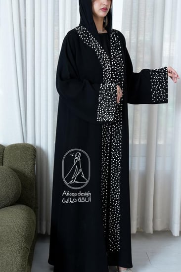 عبايه نص كلوش على لول وكرستال بالامام والكم-835