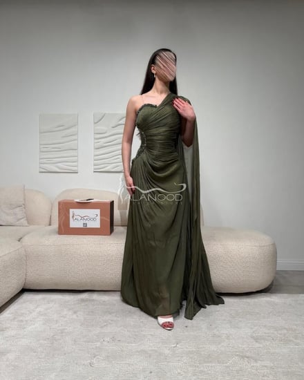 فستان سهرة بالونين زيتي و موف أنيق بقصة كتف واحد