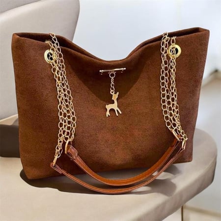 شنطة - حقيبة يد سويدية بني القهوة أنيقة، مناسبة للنساء - حقيبة مساحة كبيرة وعصرية، مزينة بالغزلان، مثالية للعمل والتسوق