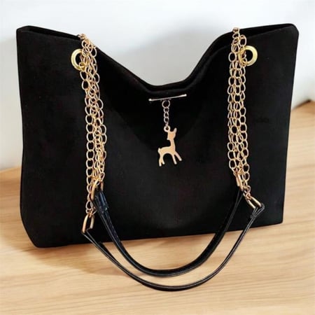 شنطة - حقيبة يد من الجلد الأسود  الفريدة، مناسبة للنساء - حقيبة كبيرة موضة وعصرية، مزينة بتصميم الغزال، رائعة للعمل والتسوق