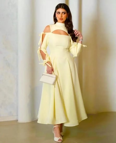 فستان ناعم ليموني كم ربط