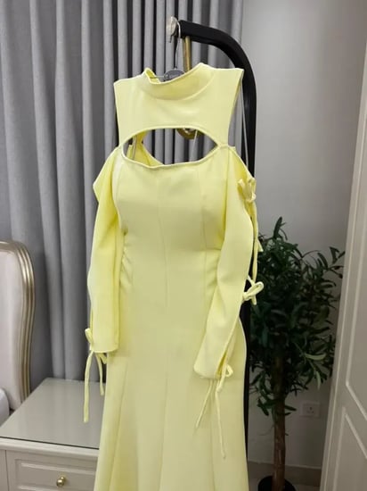 فستان ناعم ليموني كم ربط