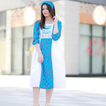 فستان شالكي رمضاني مطرز ابيض/وزرق