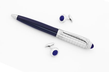 طقم قلم و كبك فضي و كحلي 80