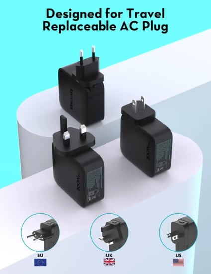 = راف باور - شاحن متعدد للسفر بقوة 140 واط بمنفذ يو اس بي و ثلاث منافذ تايب سي - اسود