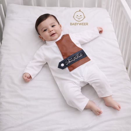 بربتوز  العيد مواليد أبيض بتصميم ثوب مع سديري جلد بني وتطريز اسم مخصص