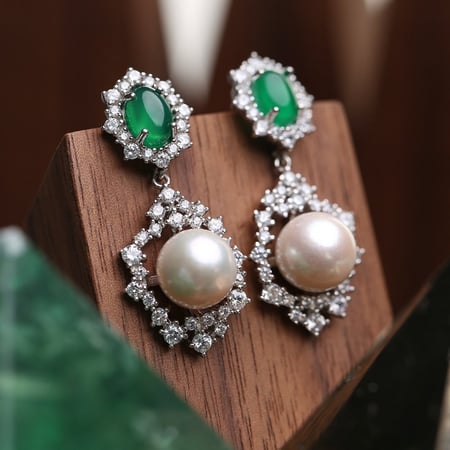 حلق فاخر مرصّع بالزكون درجة ألماس ومزيّن باللؤلؤة والأحجار الخضراء