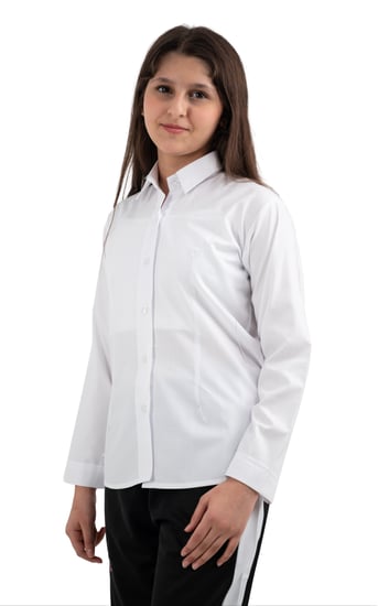 بلوزة مريول ابتدائي ابيض ياقة قلاب روز ستة ازرار وكسرات ناعمة وخامة مر