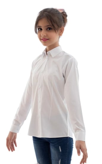 بلوزة مريول ابتدائي ابيض ياقة قلاب ترست ازرار سادة واكمام بكبك وخامة ن