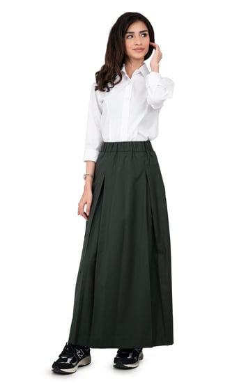 تنورة مريول ثانوي زيتي بخصر مطاطي جيب مخفي وسحاب جانبي وخامة ناعمة