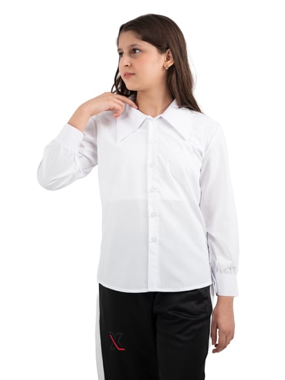 بلوزة مريول ابتدائي ابيض ياقة قلاب كوري كبيرة ستة ازرار واكمام بكبك وخ