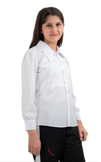 بلوزة مريول ابتدائي ابيض ياقة قلاب كوري كبيرة ستة ازرار واكمام بكبك وخ