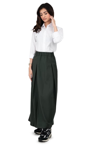 تنورة مريول ثانوي زيتي بخصر مطاطي جيب مخفي وسحاب جانبي وخامة ناعمة