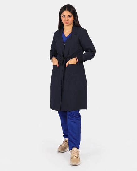 لابكوت كحلي بحزام ربط 38 إنش Navy Tie Belt Lab Coat 38 in