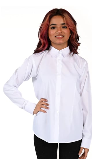 بلوزة مريول ثانوي ابيض ياقة قلاب ترست ازرار سادة واكمام بكبك وخامة مري