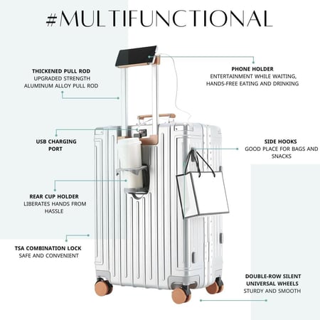 شنطة أمبي 24 انش بهيكل من الألومنيوم (منفذ USB, حامل أكواب وجوال) - ابيض