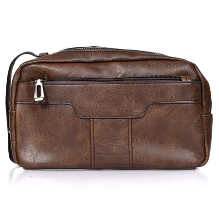 شنطة يد جلد بمقبض معصم مع فتحة داخلية للنقود والبطاقات و الاكسسورات بني غامق