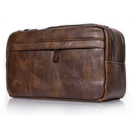 شنطة يد جلد بمقبض معصم مع فتحة داخلية للنقود والبطاقات و الاكسسورات بني غامق