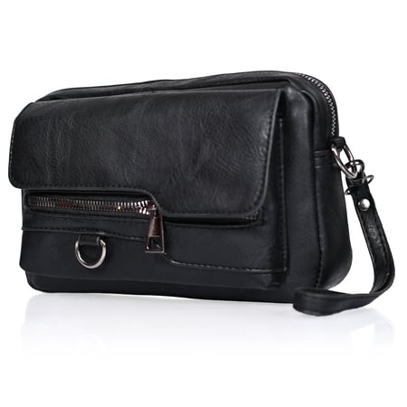 شنطة يد جلد بمقبض معصم مع فتحة داخلية للنقود والبطاقات و الاكسسورات أسود