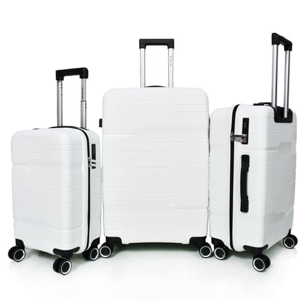 طقم حقائب سفر من مورانو من البولي بروبلين من 3 قطع و 4 عجلات دوارة مع قفل مدمج نوع TSA لون أبيض