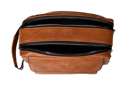 شنطة يد جلد بمقبض معصم مع فتحة داخلية للنقود والبطاقات و الاكسسورات بني فاتح